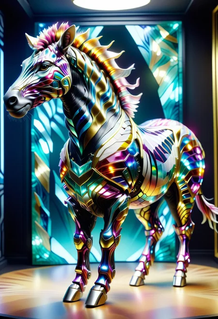 a TransformersStyle zebra made out of dvrscls covered in multicoloured Jed-Auquartz