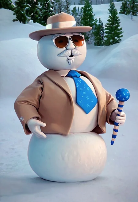 (score_9, score_8, score_7), masterwork, masterpiece, best quality,, elfsnm, cartoon snowman, two round snowball body, white face, black mustache and goatee, wearing beige jacket and hat, blue necktie with white snowflakes, black sunglasses, holding black and white striped cane, vintage style character,dynamic pose, dynamic angle