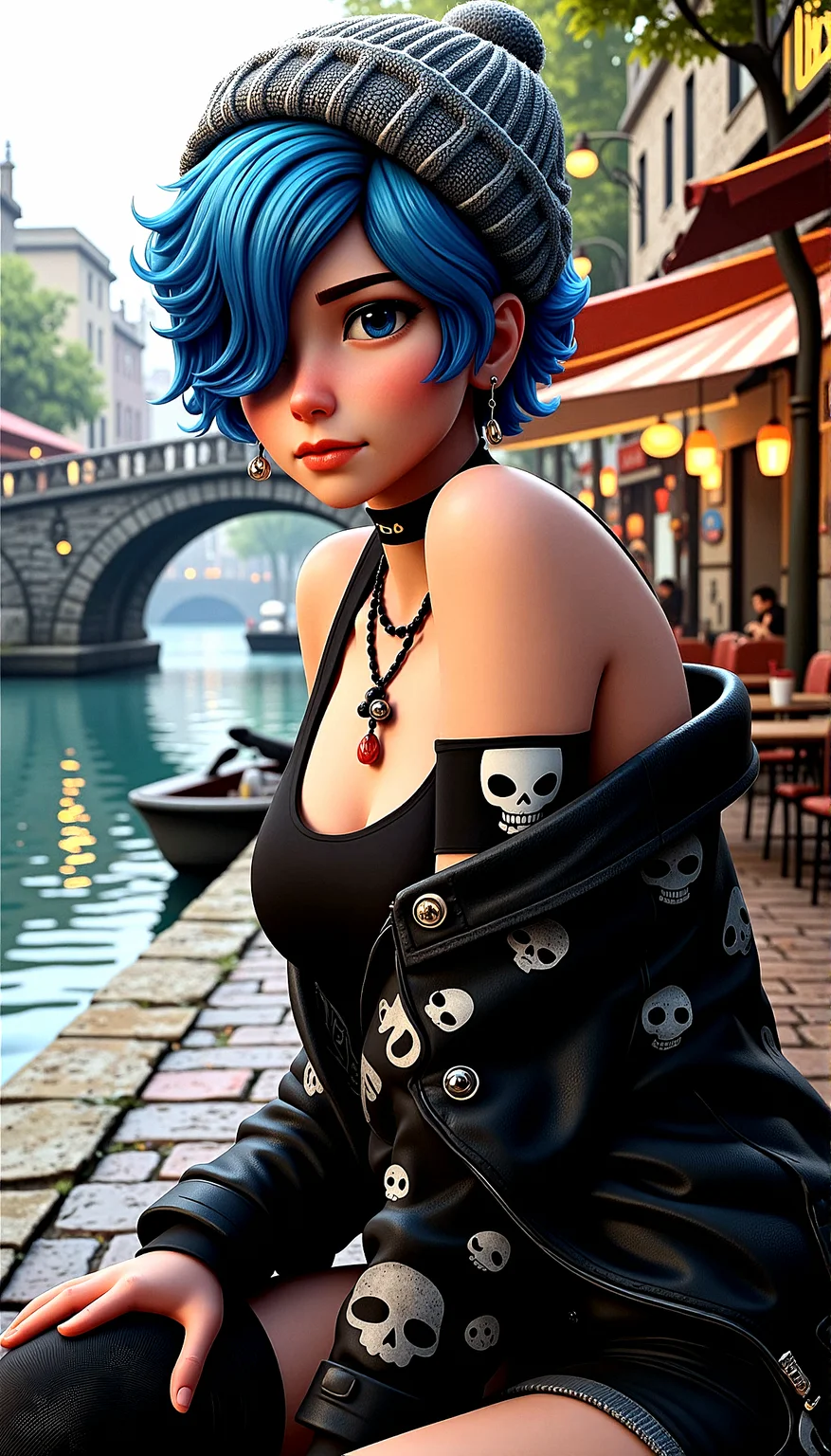 SamYoung_Illustration,
A 3D render using Unreal Engine of a woman with short wavy blue hair with hair over one eye, , wearing a knit beanie and a black tank top with skull print, detailed with skull earrings, chokers, and skull-themed necklaces. The background is A scenic riverwalk with old stone bridges, cafes lining the water, and boats gently floating by.
 focusing on cinematic photorealism.

microdetail maps for extremely fine texture details, especially on the skin and clothing.Add roughness variation across materials to enhance realism, especially on skin and fabric. real-time tessellation for dynamic surface detail, such as on the fabric of the beanie.Add subtle wear and tear to materials like the leather jacket, giving it a more lived-in look.Introduce slight imperfections like freckles, pores, and subtle blemishes to enhance skin realism.4k resolution textures for detailed surfaces, especially for the skin, leather jacket, and tattoos.Simulate wet surfaces on the ground or buildings for added realism, especially under streetlights.Add details like graffiti or signs of urban decay to walls or buildings for a gritty atmosphere.Include distant, blurred traffic lights for additional depth and urban context.

wider shot
She rests one hand on her thigh, with her torso slightly leaning forward.





