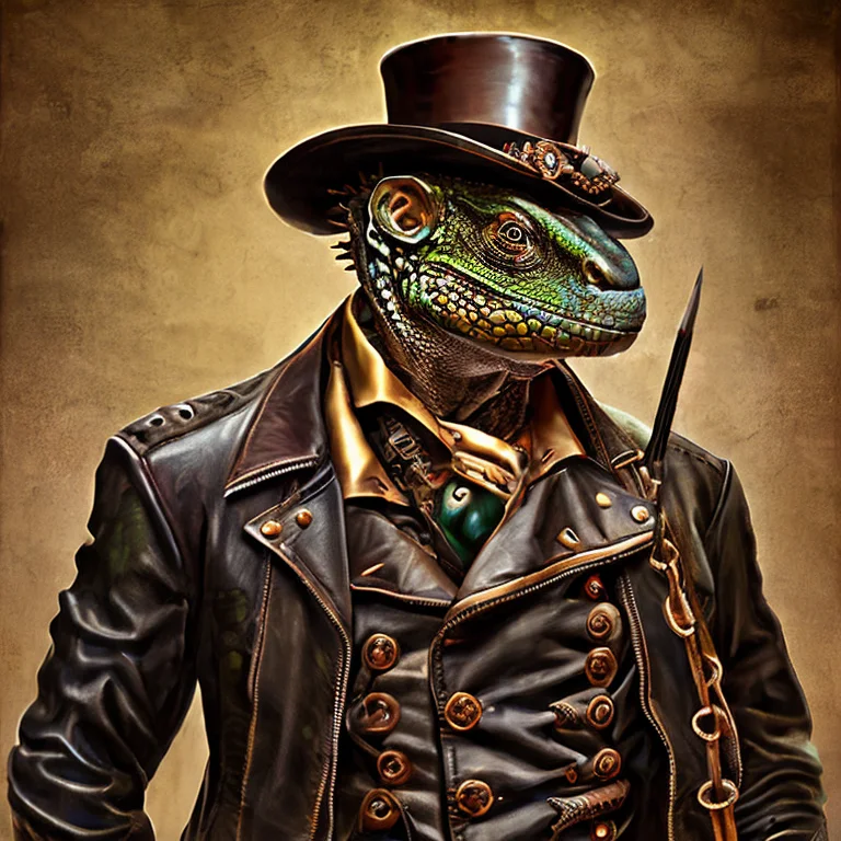 painting of animal; Iguana wearing steampunk leather jacket, top hat with gears, dashing, Victorian clothing, stopwatch, intricate, smooth, sharp focus, illustration, masterpiece, intricate, highly detailed, octane, digital painting, artstation, concept art, smooth, sharp focus, illustration, vibrant colors, in the style of steampunk