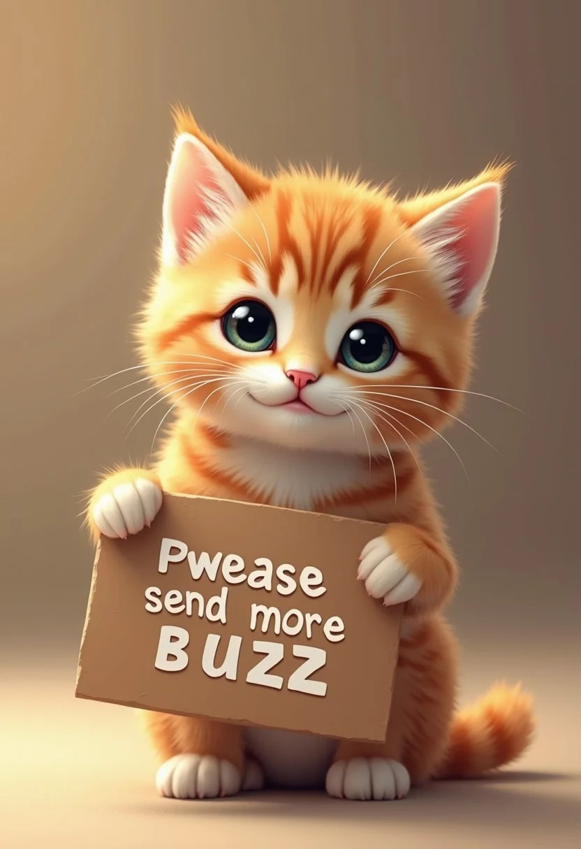 very cute little kitten, kawai, photorealistic, holding a sign that says "Pwease send more Buzz"