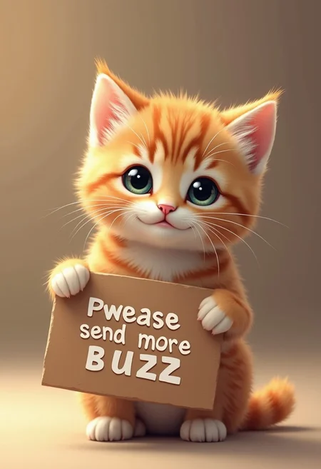 very cute little kitten, kawai, photorealistic, holding a sign that says "Pwease send more Buzz"