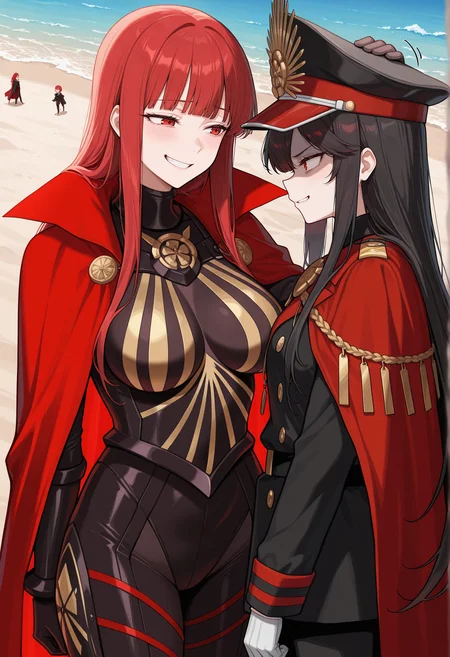 2girls, outdoors, beach, 1girl,  mature female, long hair, blunt bangs, red hair, red eyes, bodysuit, armored bodysuit, cape, smug, grin, height difference, 
BREAK
2girls, outdoors, beach, 1girl, long hair, black hair, red eyes, peaked cap, military uniform, cape, jewelry, white gloves, disgust, headpat   <lora:nobunaga_illus:1>, masterpiece, best quality, amazing quality, very aesthetic, absurdres, highres, newest