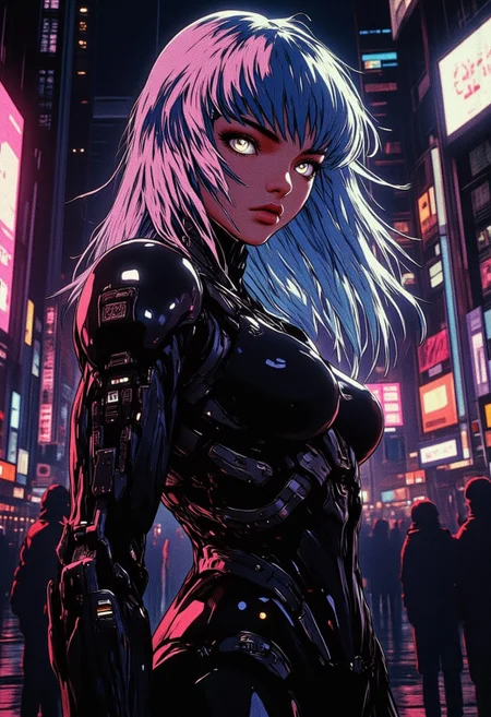 Chiaroscuro Lighting Style, Covered in shadows, 1girl, light blue flowing hair, bangs, glowing eyes, smooth skin, cyberpunk Mechanical parts, standing in futuristic city, glowing led ad lcd signs, night