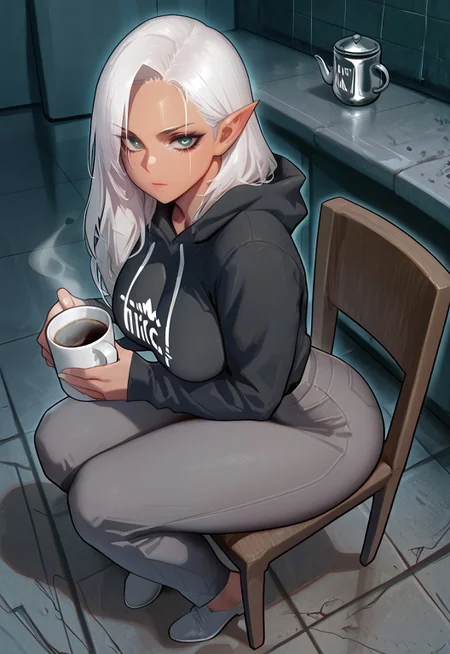 ⦠masterpiece, high quality, absurdres, best quality, very aesthetic, newest,
ā¾ 1girl, looking at viewer, mature,( long hair:1.3), white hair, dark skin, green eyes, beautiful woman,( curvy:1.1),( pointed ears:1.3),( milf:1.2), sitting, chair, coffee mug, indoors, full body, black hoodie, grey pants, chipped wallpaper, concrete floor, from behind, (thicc:2), voluptuous, gorgeous, tall,( clear bright eyes:1.1)