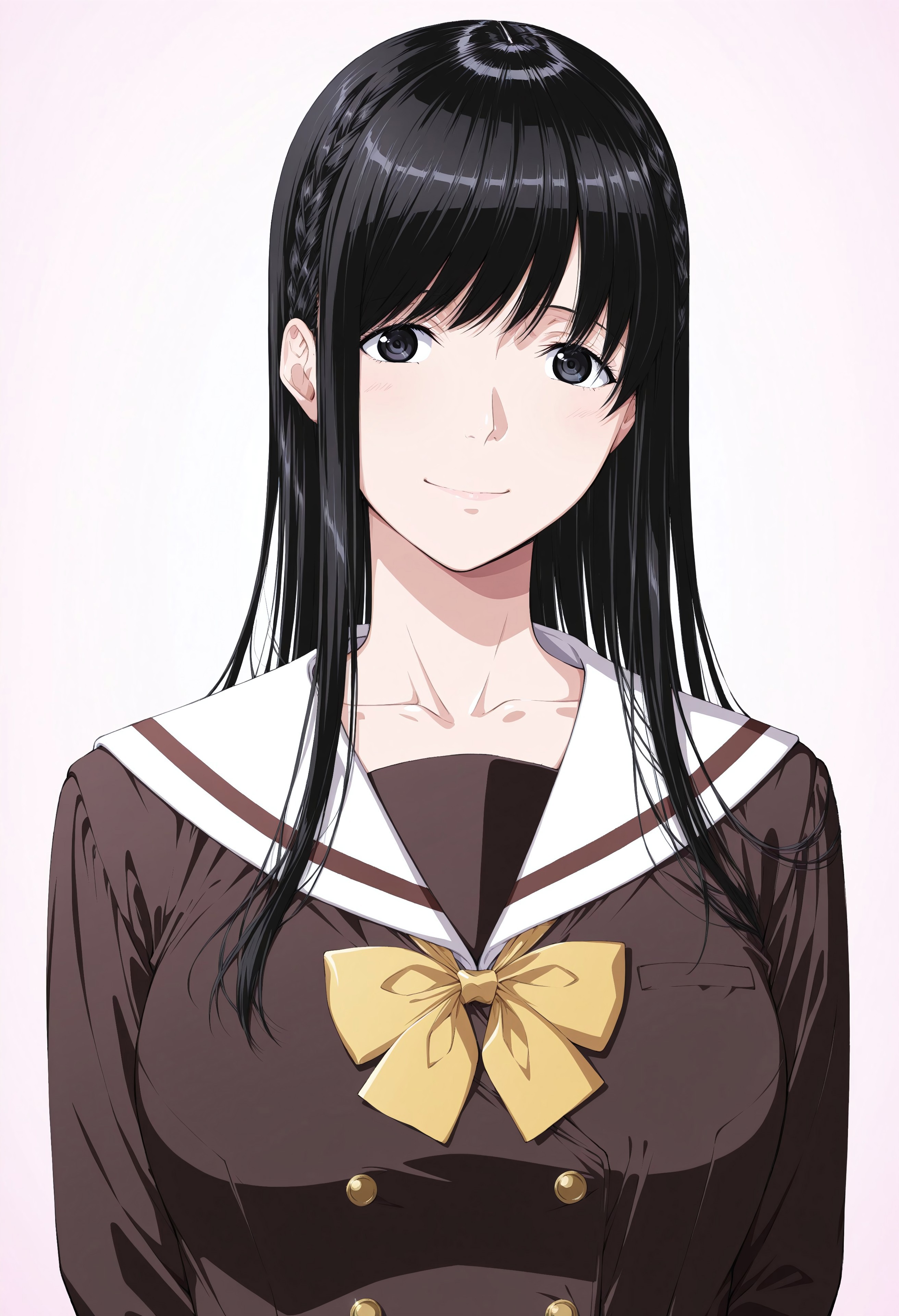 ultra-detailed,detailed face, score_9, score_8_up, score_7_up, source_anime,(extremely detailed CG), (best quality),
1girl, school uniform, black hair, long hair, serafuku, upper body, black eyes, solo, bow, breasts, looking at viewer, simple background, mai,braid, smile,