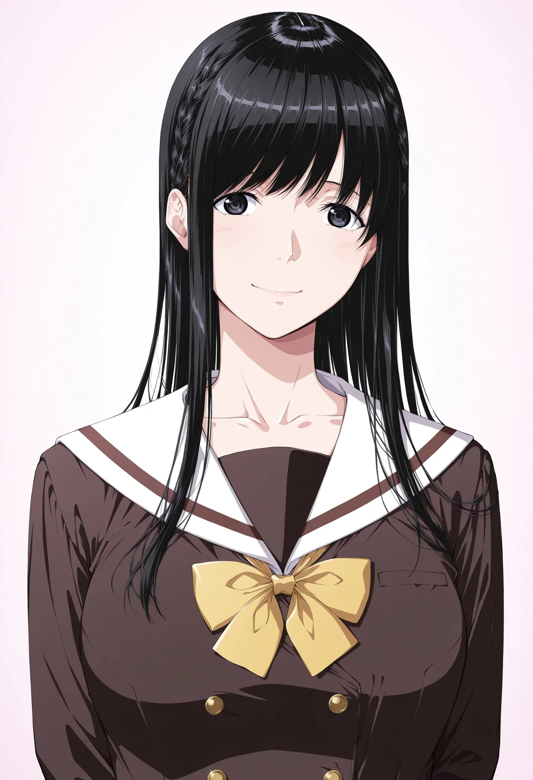 ultra-detailed,detailed face, score_9, score_8_up, score_7_up, source_anime,(extremely detailed CG), (best quality),
1girl, school uniform, black hair, long hair, serafuku, upper body, black eyes, solo, bow, breasts, looking at viewer, simple background, mai,braid, smile,