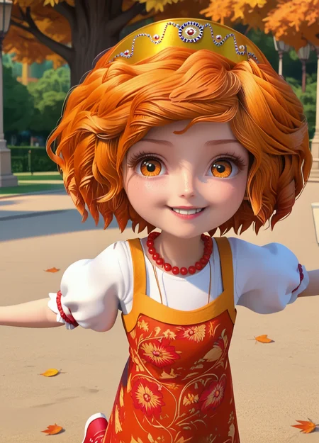 1girl, solo, female child, child, 1girl, solo, full body, rooney, 1girl, solo, dress, red footwear, short sleeves, orange hair, freckles, necklace, orange eyes, puffy sleeves, puffy short sleeves, cute, looking at viewer, smile, happy, fun, dynamic angle, dynamic pose, outdoors, park, day, autumn, falling leaves,  
 <lora:Rooney_-_Little_Tiaras:1> <lora:hand 5.5:1>