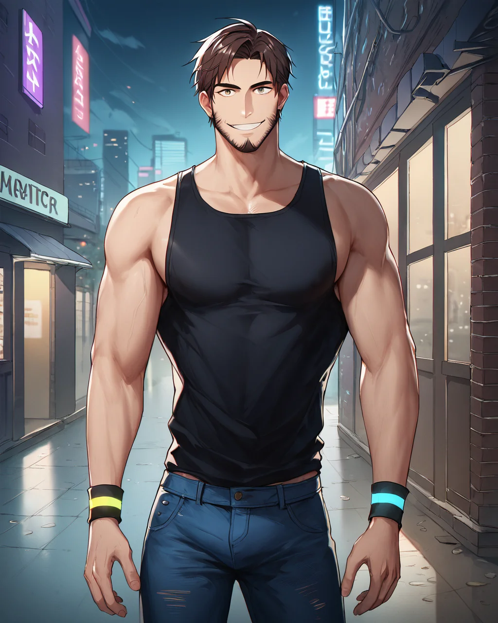 score_9, score_8_up, score_7_up, rating_questionable, intricately detailed,
<lora:Glacier:1>, n0tgl4ci13r,
1boy(human male, handsome man, large and muscular, hairy, beard, simple earrings, multiple narrow glowstick wristbands, black sleeveless shirt, tight jeans, looking at the viewer, solo, smiling, cowboy shot, solo), inner city narrow alleyway, nightclub backdoor, new york, at night, dark cloudy sky, midnight, darkness, shadows, building backdoor, dimly lit, depth of field, detailed background,
<lora:ral-chrosc-clr:0.6>, ral-chrosc-clr,
<lora:Expressive_H:0.5>, expessiveH,
<lora:xl_more_art-full_v1:0.3>,
<lora:add-detail-xl:0.3>