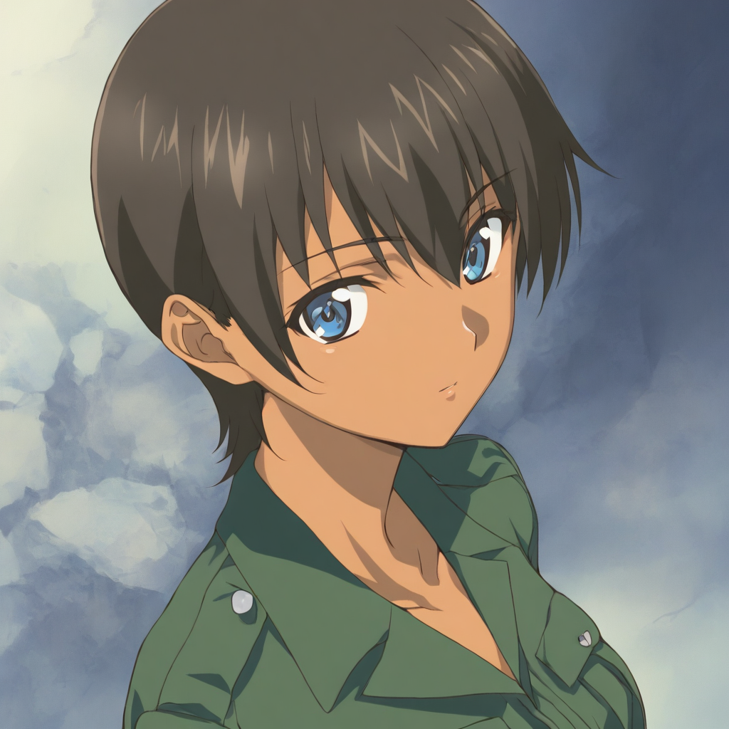 masterpiece,1girl,solo,looking at viewer,upper_body,portrait,<lora:Aki_Kobayakawa ag4o v1:1> aki_kobayakawa, brown hair, short hair, dark skin, blue eyes,military uniform,