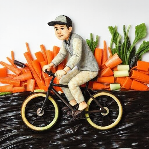 Create a flat, drawn scene depicting a man in a cap riding a bicycle across strands of Japanese seaweed, inspired by the iconic Golden Boy moment. The man’s face is made from rice, with eyes formed by slices of carrot and a mouth from a thin piece of nori. His hair is created using finely shredded nori. His body and arms are made from thin cucumber slices, and his legs are represented by small pieces of radish. The bicycle’s wheels are round slices of roasted potato, with crispy seaweed strips for the handlebars. The cap is crafted from a thin slice of eggplant. Behind the man, the background is composed of flat vegetable elements like carrots, leafy greens, and other veggies, arranged to mimic a stylized, dynamic backdrop that suggests movement. The entire scene is kept flat, with food elements forming a simple, cartoon-like drawing that captures the fluid motion and energy of the scene.
Ensure the depiction is natural and pays close attention to accurate textures and lighting throughout the scene), intricate hand-painted details, ultra-realistic textures, award-winning craftsmanship || studio rim lighting, vivid yet tense colors, UHD resolution, rich details, award winning, impactant image, dramatic pose