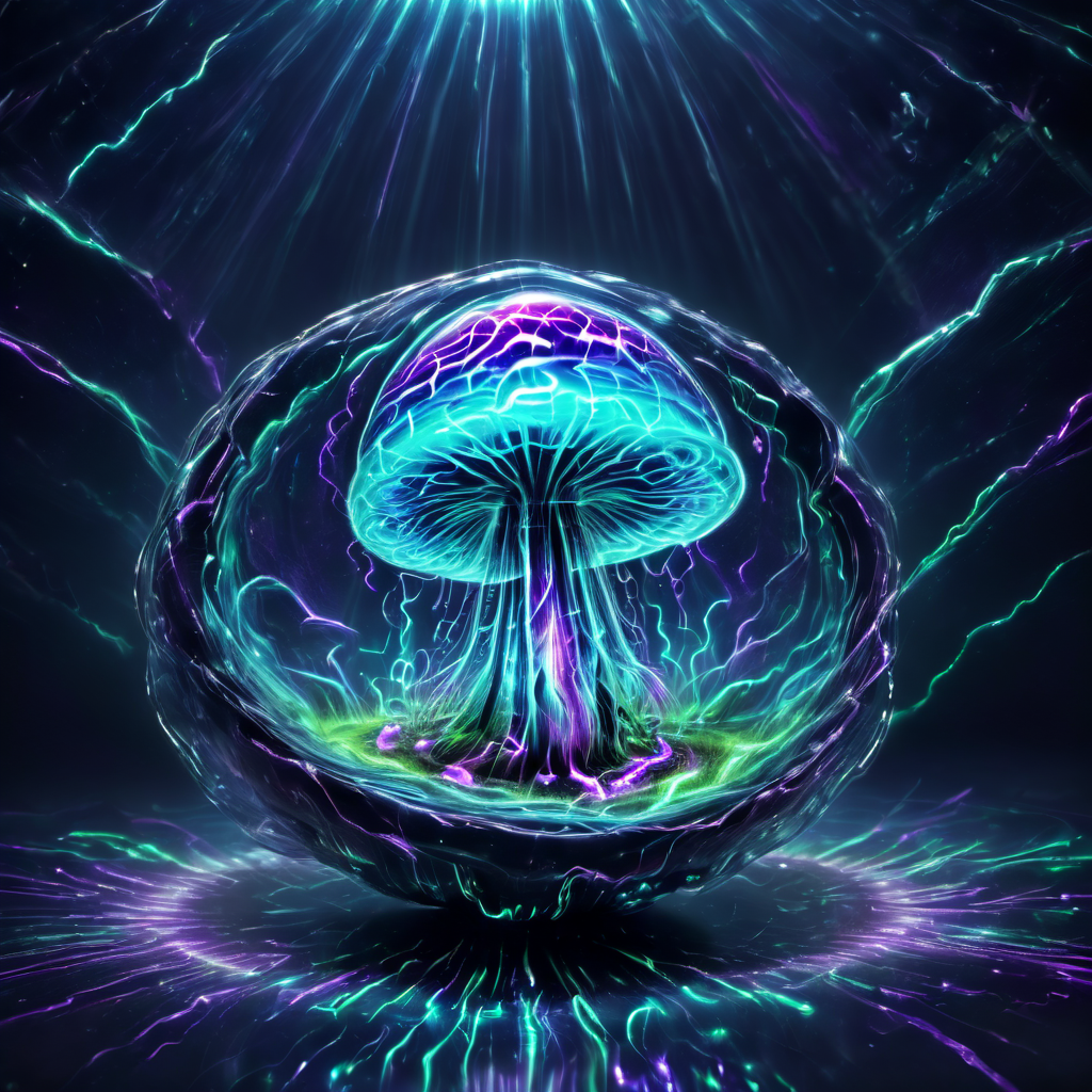 ((best quality)), ((masterpiece)), ((realistic,digital art)), (hyper detailed),DonMV01dfm4g1c3XL Blue Microscopic Cushion-shaped Grooved mushroom, Lacey, Scaled, Mycorrhizal Network, Abyssal Zone, Trooping,  Light blue Crossed Gills, Membranous Ring, Pearl White Gradually Tapering and Truncate Base,  , octane rendering, raytracing, volumetric lighting, Backlit,Rim Lighting, 8K, HDR,   <lora:Voidmagic_XL_version-000014:1>