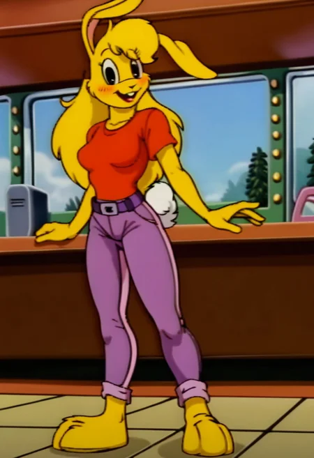 score_9, score_8_up, score_7_up, score_6_up, score_5_up, score_4_up, retro artstyle, BREAK
LoriJackRabbitPXL, rabbit girl,long yellow hair,yellow skin,1girl, solo,rabbit tail,yellow skin, animal ears, pants, black eyes, colored skin,rabbit ears,long yellow hair, belt, smile, shirt, black belt, open mouth, looking at viewer,rabbit girl,rabbit tail, full body, breasts, standing, furry female, blush, red shirt,purple pants, :d, indoors,barefoot,furry, midriff peek
<lora:lorijackrabbit-v1:0.9>