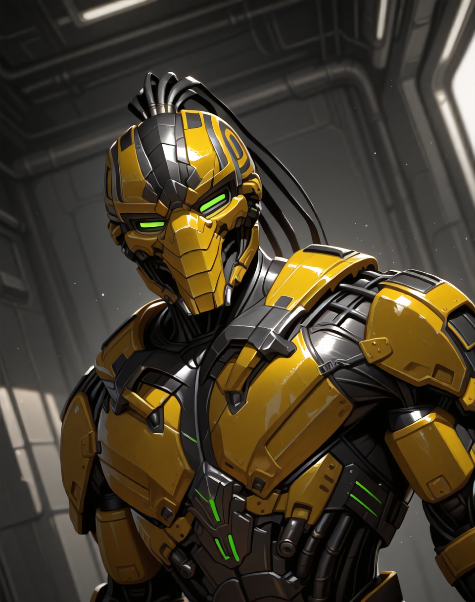 <lora:Cyrax_(Mortal_Kombat)_(Illustrious)_(AD):1.35> Cyrax, robot, Mortal Kombat, 
dutch angle, interior, underground robotic laboratory, 
male chest focus, gradient coloring, villain, end boss, overpowering, 
BREAK very awe, aesthetically pleasing, masterpiece, best quality, amazing quality, very aesthetic, perfect depth of field shot, in'ei,
Smooth Quality, lazympos, IllustQualXL_Pos,