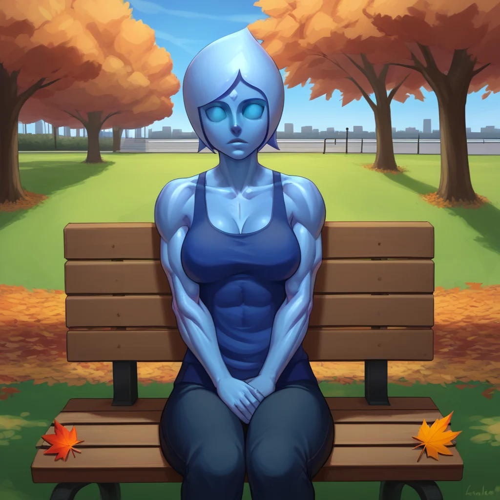 score_8_up, BREAK, FI , 1girl, solo, short hair, blue skin, no eyes, <lora:FI_SkywardSword_XL_Leaf1v3:1>, cowboy shot, muscular, tank top, sitting on bench, park, autumn leaves,