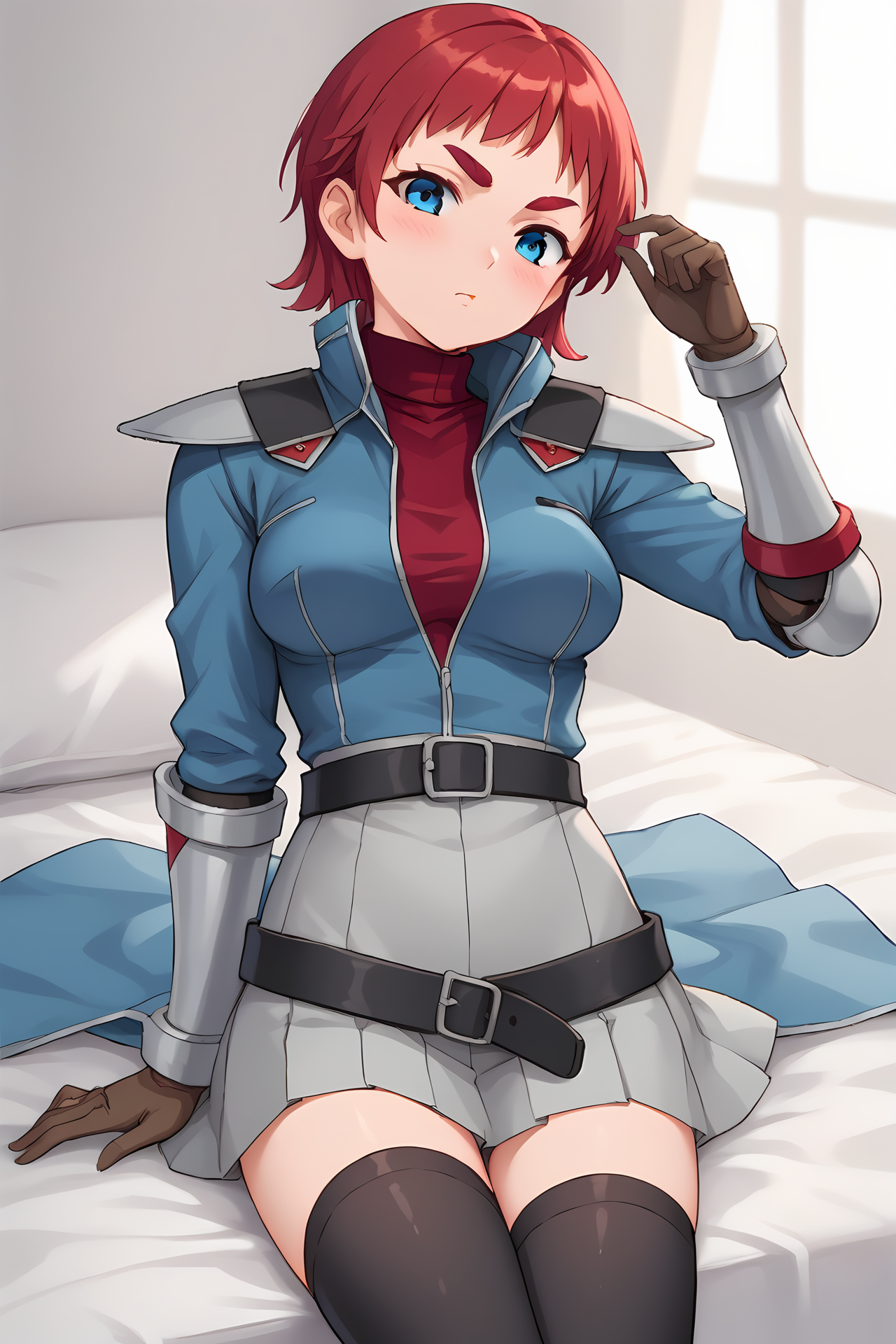 (blue jacket red hoodie red turtleneck shoulder pads vambraces grey skirt black belt brown gloves black thighhighs:1.60), cra-kristen, blue eyes, red hair, short bangs, short hair, thick eyebrows, 
medium breasts, 1girl, solo, skinny, (source_anime, score_9, score_8_up, score_8, score_7_up), score_7, score_6_up, score_6, score_5_up, score_5, 
(blush:1.40),
(bedroom:1.30),
(:1.60), (:1.10),
<lora:cra-kristen-V03-000003:0.60>