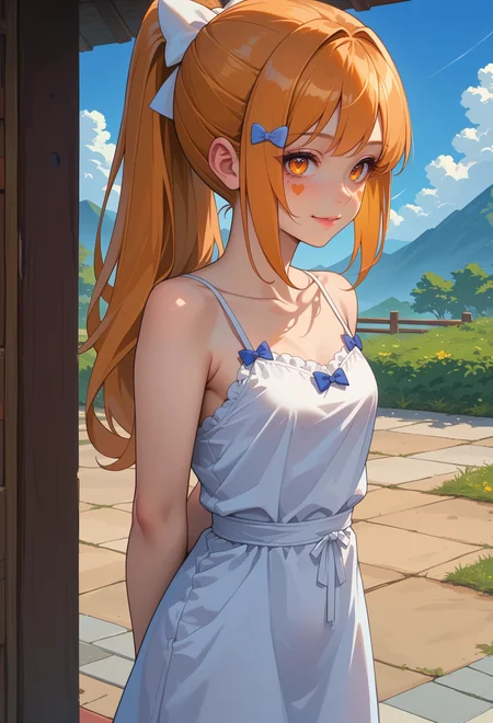 score_9, score_7_up, source_anime, BREAK <lora:AEHeddy:0.7> AEHeddy, orange eyes, orange hair, long hair, ponytail, sidelocks, facial mark, heart facial mark, hair bow, hair tie, hair clip, blue bow, white bow, sundress, sleeveless, spaghetti strap, blue sky, arms behind back, leaning to the side, standing on one leg, facing viewer, smile,