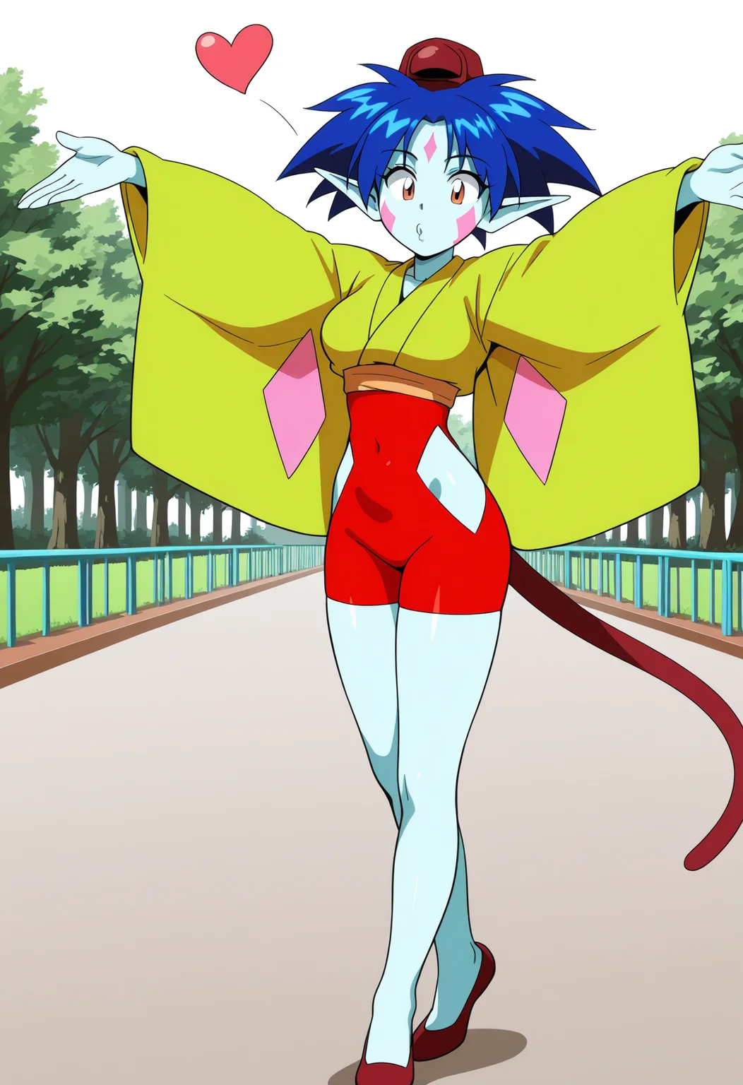 ponko, 1girl, solo, breasts, short hair, long sleeves, japanese clothes, pointy ears, wide sleeves, colored skin, outstretched arms, clothing cutout, tail, facial mark, red footwear, red headwear, retro artstyle, 1990s
BREAK
Standing, blowing kiss
BREAK
outside, theme park, stalls
BREAK
masterpiece,best quality,absurdres,very aesthetic,perspective, <lora:ponko_IL_Lora_v1:1> <lora:Lune_soft_style:1>