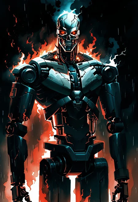 watercolor painting, solo, red eyes, science fiction, robot, 1boy, black background, glowing, looking at viewer, humanoid robot, cyborg, metal skull, burning flesh, burning clothes, glowing eyes, male focus, cyberpunk, hydraulics, dark blue storm, burning background, bright lightning, backlit, orange rimlight, rain, wet, straight-on, Terminator style