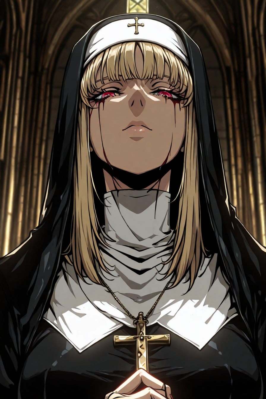 1girl, solo, alone, nun, cross necklace, <lora:dark_art_style_illustriousXL:1>, dark_art_style, masterpiece, highres