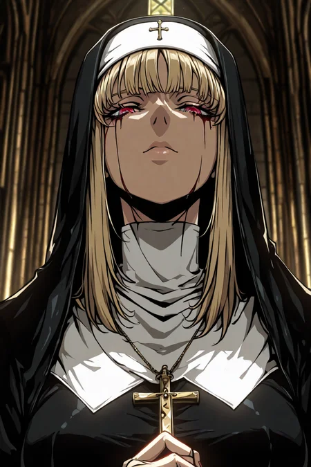 1girl, solo, alone, nun, cross necklace, <lora:dark_art_style_illustriousXL:1>, dark_art_style, masterpiece, highres