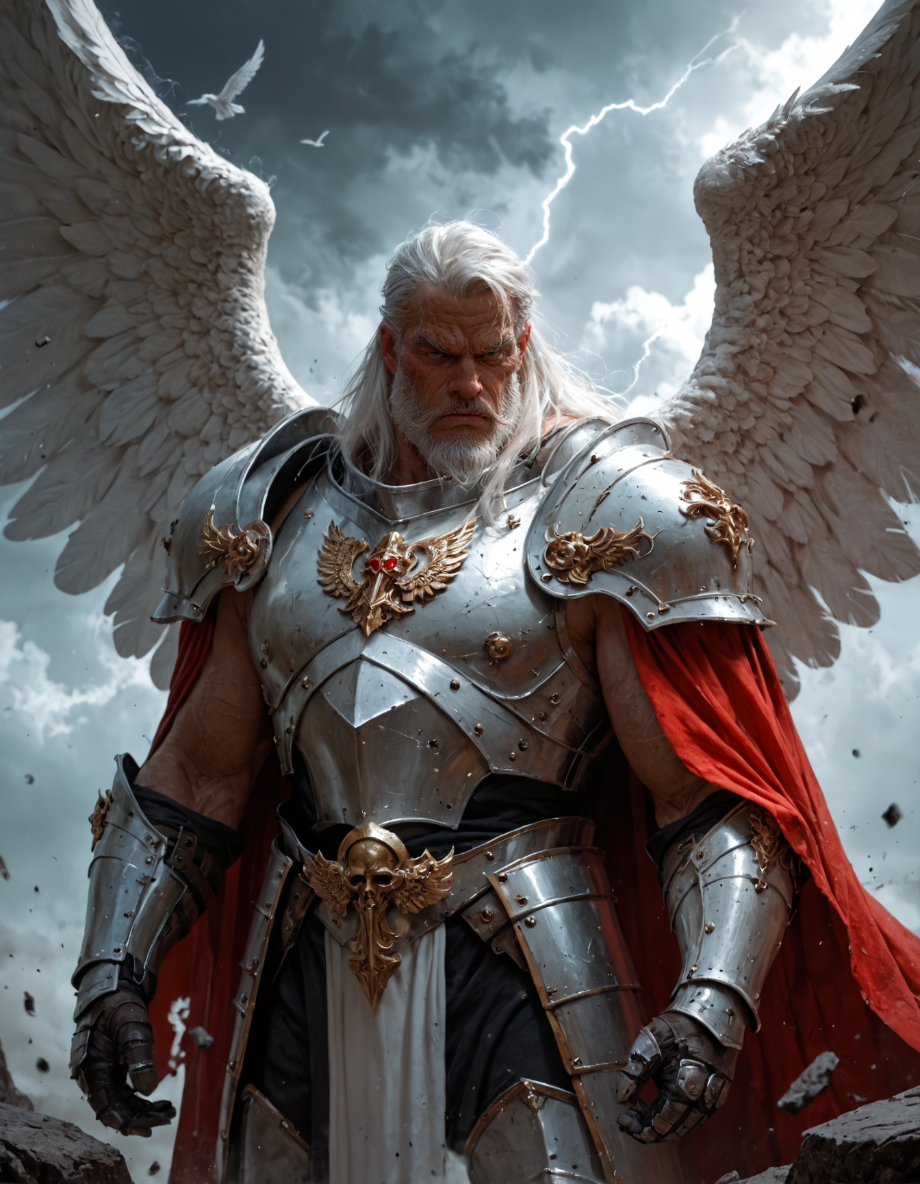 score_9, score_8_up, score_7_up, score_6_up, score_5_up, score_4_up,  artiangel, fierce muscular old man, long white hair and a long beard, wild expression, knight, heavy armor, war angel, huge wings, armored, long red cape, bulky, powerful, highly dynamic action cowboy shot, casting elemental spell, dark clouds, stormy weather, on a raging battlefield, dramatic lighting, highly detailed,  perfect composition, 
<lora:artiangel:0.5> artiangel, <lora:Fant5yP0ny:0.8>
