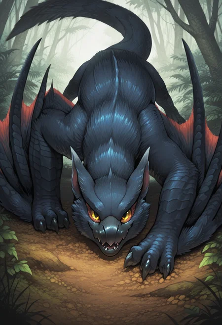 Graphic Design, color art, vibrant colors, colorful, intricate details, high contrast, detailed background, beautiful detailed, detailed eyes, detailed fur, new, n4rg4cug4, dragon, animal focus, yellow sclera, black fur, fangs, claws, wings, winged arms, no humans, nature, sitting, front view, looking at viewer, cowboy shot, on all fours, (masterpiece, best quality, newest, recent, absurdres),
