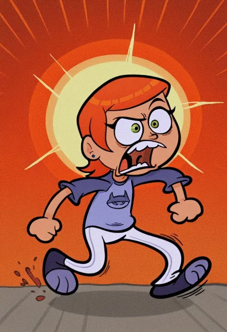 essnstuff, toon \(style\), (jaggy lines, film grain:1.4), 1girl, Gwendolyn_Tennyson, tomboy, Orange hair, Green eyes, full body shot, raised eyebrow, running from explosion in the background, screaming, volumetric light