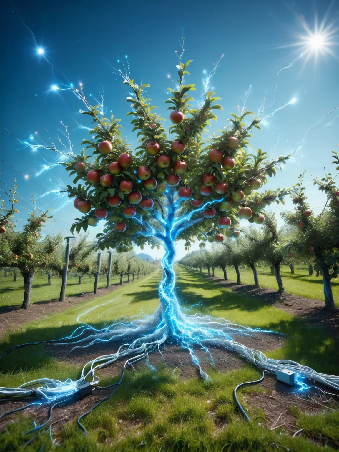 An ais-sparkz apple tree in a serene orchard, with each apple glowing with electrical energy, under a clear blue sky. <lora:Sparks_Style_SDXL:1>