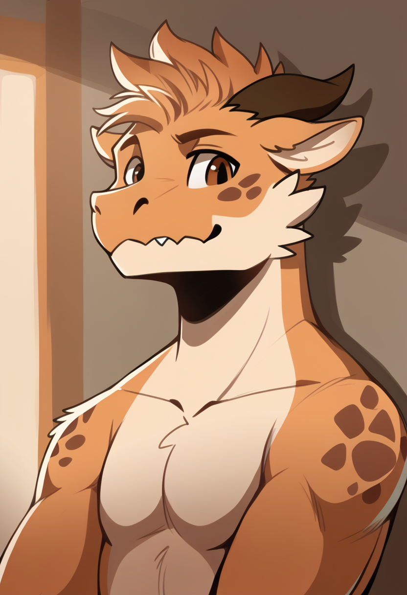 high quality, hires, by braeburned, furry, anthro, 1boy, solo, male, kobold, brown eyes, bara, <lora:Braeburned_style:1>