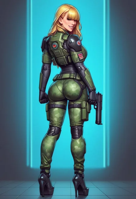 1girl, ((back view))), looking at viewer, highly detailed, from front, 1girl, skinny, looking at viewer, masterpiece, best quality,
raw, extremely detailed, hyperrealism, photo, perfect anatomy, <lora:grewishka_alita_pxl:1> source_photo, source_real, robot, cyborg, android, solo, looking at viewer, 1girl, full body, ((special force camo armor)), high heels, neon_lights, dynamic pose, pistols in hands
BREAK
fang smile, looking at viewer, long hair, ((blonde highlighting hair)), (((hair over eyes, front bangs))), long hair, dynamic pose
best quality, depth of field, bokeh, (((full clothed))), ((special force camo armor)),
BREAK
((((big futuristic gun in hands)))), (big futuristic pistol in hands:1.3), sc-fi soldier, dynamic pose, military camo armor
(((((rooftop, night city, neon lights))))) score_9, score_8_up, score_7_up, score_6_up, source_cartoon, rating_explicit, Expressiveh, (((((full body))))), dynamic pose