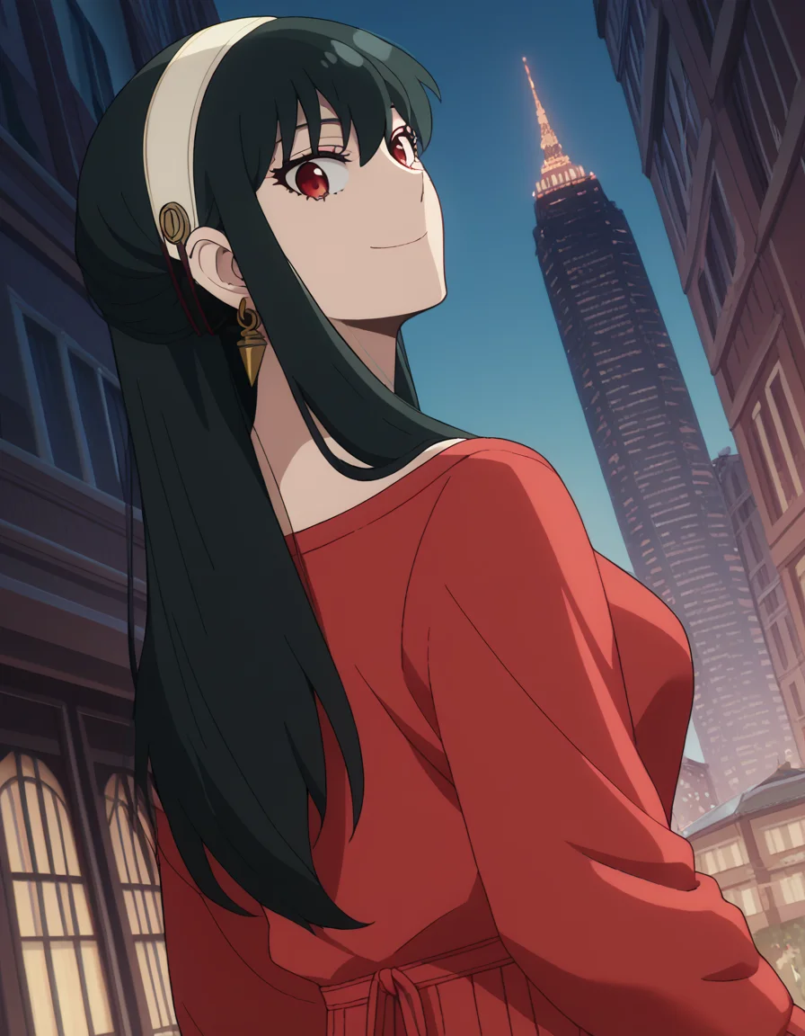 score_9, score_8_up, score_7_up, source_anime, yorbriar, <lora:yor-briar-s1-ponyxl-lora-nochekaiser:1>, yor briar, black hair, red eyes, earrings, white hairband, hairband, long hair, sidelocks, medium breasts,, <lora:shaft-look-ponyxl-lora-nochekaiser:1>, shaft look, looking back, from behind, head tilt,, cityscape, street, smile,, cowboy shot, dutch angle, solo,