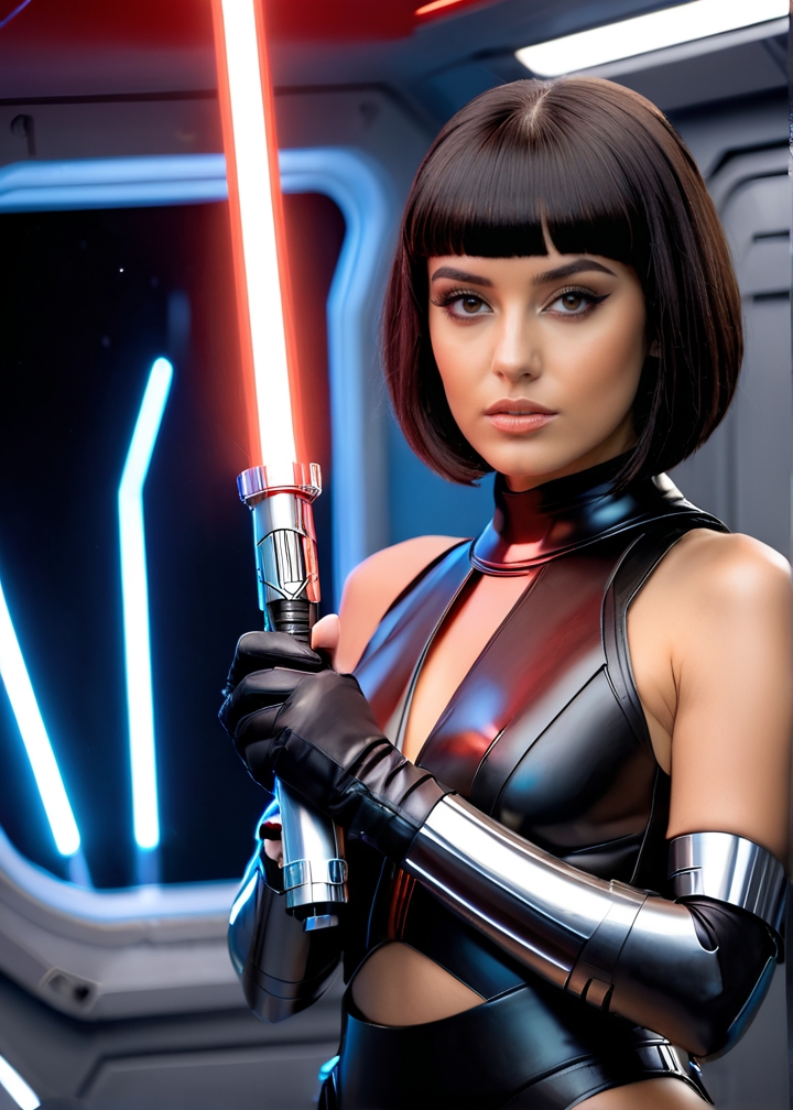 Photo of Patty Caesar, wearing futuristic body armour, holding a laser sword, she is posing in the security deck of a spaceship, <lora:PerfectEyesXL:0.5>, <lora:Lightsaber_ComicStyle_v01:0.6> holding a red lightsaber,, (detailed beautiful face, detailed, ultra-detailed body:1.1),best quality,photo-realistic,highly detailed,absurdres,cinematic lighting,hyper-realistic,sharp focus,32k resolution,detailxl,SimplePositiveXLv2,