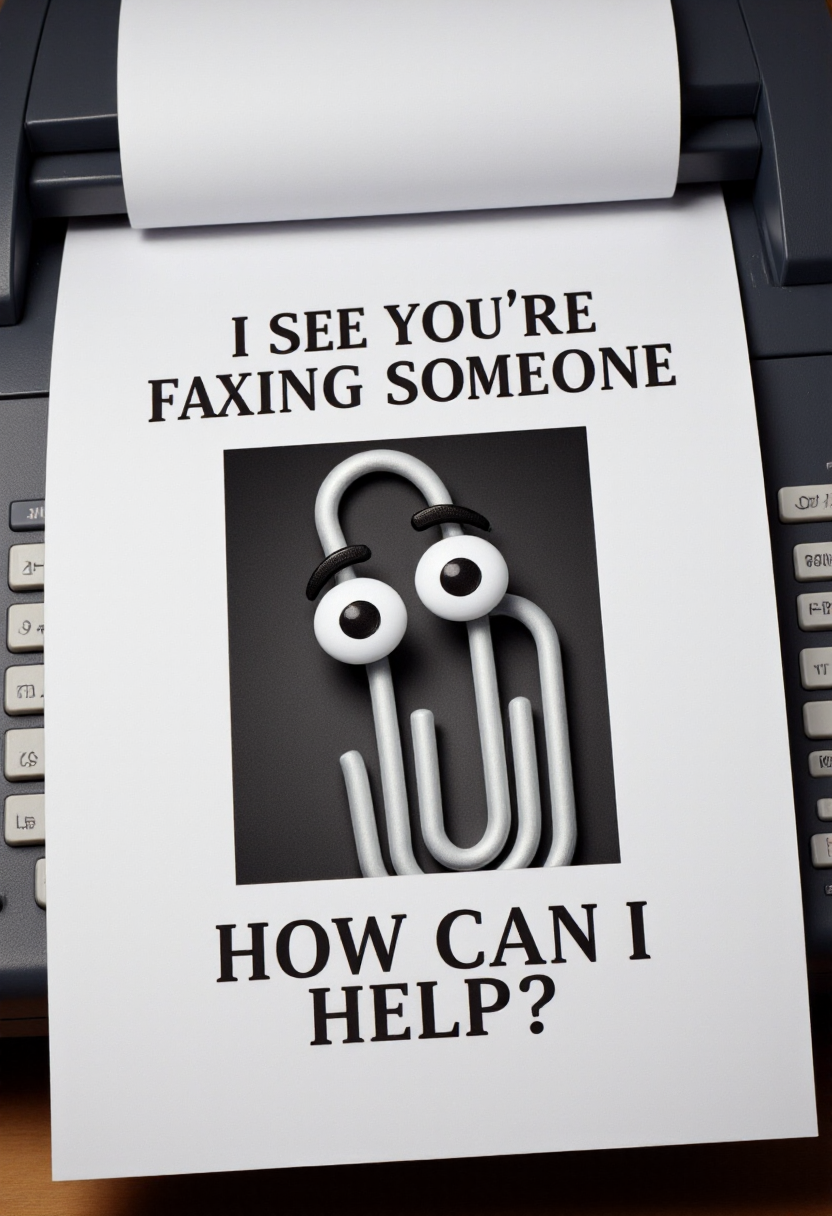 <lora:FAXtastic_FLUX-000003:0.9>  <lora:Clippy20_-_Microsoft_Office_F1D:1>
The image is a photograph of a  fax machine printing a paper with a  the text "I see you're faxing someone, how can I help?" and a low quality black and white image of Clippy with big eyes.