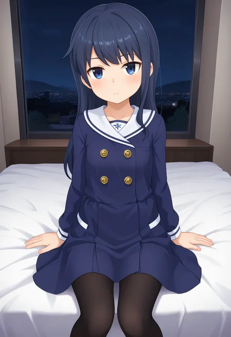 masterpiece, best quality, absurdres, very aesthetic, general, 1girl, mtmdef, aizumi, dark blue hair, long hair, one-piece dress, buttons, pantyhose,  sitting, on bed, night<lora:ILmutsumiAGA:0.8>