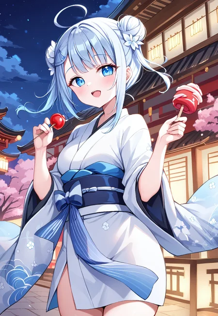 score_9, score_8_up, score_7_up, score_6_up, outdoors, night view, japanese festival, 1girl, amatsuka uto, ahoge, double bun, blue hair, hair ornament, hairclip, hair flower, blue eyes, white kimono, print kimono, japanese clothes, blue sash, obi, holding food, candy apple