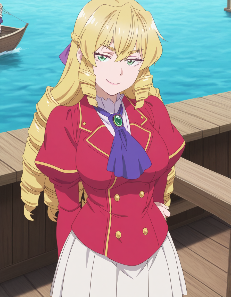 masterpiece, best quality, amazing quality,, <lora:grace-auvergne-s1-illustriousxl-lora-nochekaiser:1>, grace auvergne, long hair, blonde hair, green eyes, drill hair, braid, hair ribbon, purple ribbon, mature female, breasts, anime screencap,, skirt, school uniform, puffy sleeves, blazer, red blazer, ascot, gemstone, purple ascot, white skirt, pleated skirt,, smug, dock, water, boats, wood, mooring, cowboy shot, solo, looking at viewer, solo focus