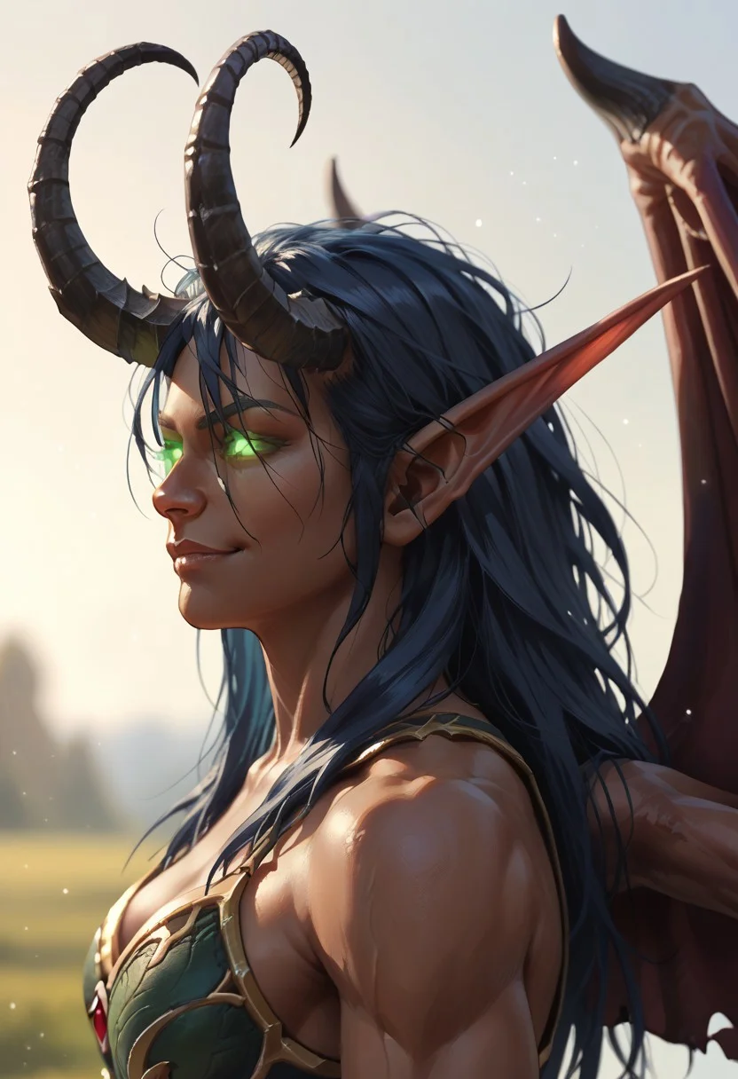 score_9_up,score_8_up,score_7_up,score_6_up,score_5_up,score_4_up,rating_safe,detailed,epic,depth of field,perfect lighting,light particles,1girl, woman,elf, demon, dem0m hunter, pointy ears, glowing eyes, wings, horns, claws, glowing tatoos, abs, navel, muscular body, simple background, hooves, dark blue hair, long hair, messy hair, blood elf, dark brown skin, athletic, evil smirk, semi-side view, close-up. beautiful face