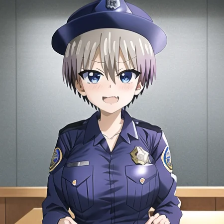 best quality, ultra-detailed, masterpiece,hana_uzaki_10000, beautiful lighting, intricate (high detail:1.2), dark intense shadows, dramatic lighting, hdr, ((((1girl)))) , fit, (((sexy police officer uniform))) , uninterested look, posing for the camera in a sexy way, ((at a police station))