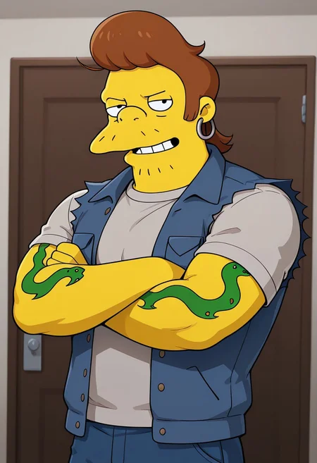 core_9, score_8_up, score_7_up, score_6_up, score_5_up, score_4_up, detailed background, detailed face, snake jailbird, simpsons style, brown hair, snake tattoo on right arm, light stubble, man, muscular, earring in ear, snub nose, gray t-shirt, blue vest