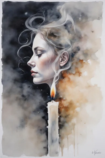 yawc1 watercolor.
Wisps of smoke rising from a candle in the form of a woman's profile <lora:yawcolor_nocap_d4a2:1.0> <lora:schnell_v1.0:1.0><lora:798635803036197689:0>