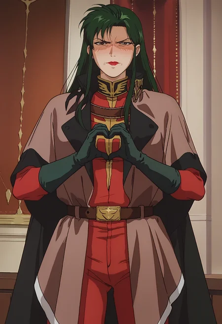 score_9, score_8_up, score_7_up, score_6_up, anime screencap, anime coloring,  <lora:CimaGarahau_epoch_7:0.7>, CimaGarahau, long hair, green hair, lipstick, black eyes,
cape, military uniform, black gloves, belt, red pants,
heart hands, blush, disgust, looking at viewer, cowboy shot, 
indoors,