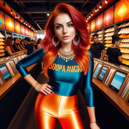 appliqu style, layered fabric, colorful, patterned, textured elegant digital painting, the image portrays a striking digital art piece. at the center of the composition, one south american women, the image captures a vibrant and festive atmosphere with a 24 year old adult woman at its center. she is dressed in an eye catching ((satin)) dark top paired with shiny bejeweled and punk spandex_leggings, beautiful long red and orange hair <lora:add-detail-xl:2>
<lora:spandex_leggings_v1:1.1>