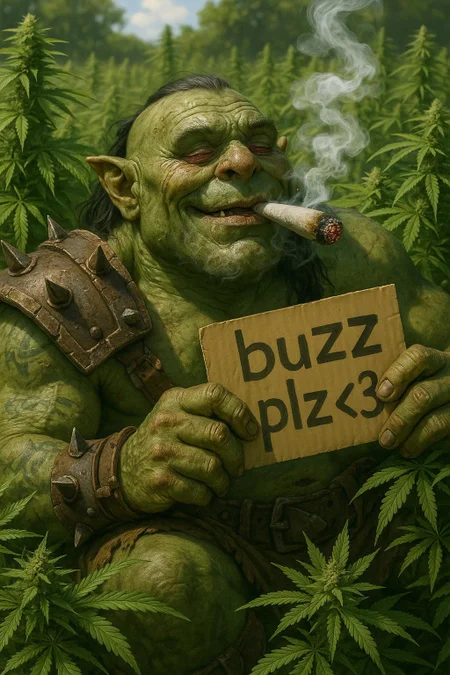 A hyper-realistic, ultra-detailed 8K photograph of a massive orc inspired by World of Warcraft, lounging in the middle of a dense, sunlit weed field. The orc has rugged, green skin with lifelike textures, scars, and weathered features. His muscular arms are covered in tribal tattoos and adorned with spiked, battered armor. He is holding and smoking a large joint of weed, with thick, fragrant smoke curling around his face. His red eyes are bloodshot and half-closed, clearly high, with a blissful, dazed smirk. he's holding a sign that says “buzz plz<3”.The scene is filled with lush, vibrant cannabis plants, their serrated leaves and buds rendered in ultra-high detail, some brushing against the orc’s armor. Sunlight streams through the plants, casting dynamic shadows and illuminating the orc’s features. The background features endless rows of towering weed plants under a bright, blue sky. The image is cinematic, with dramatic lighting, shallow depth of field focused on the orc’s expressive face and hands, and rich, saturated colors throughout. Hyper-realistic style, 8K resolution.