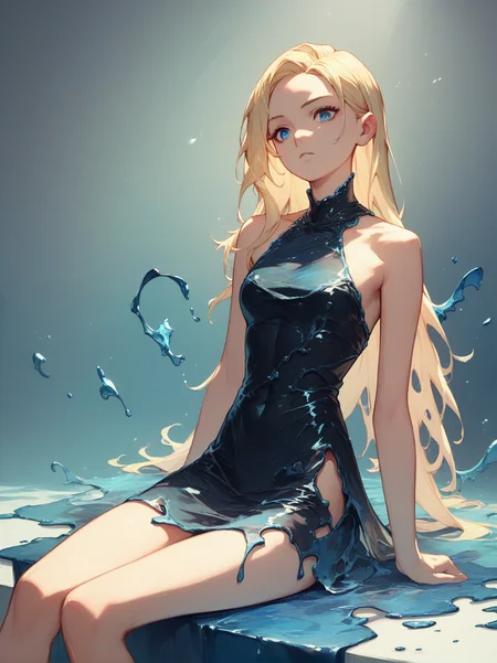 score_9, score_8_up, score_7_up, score_6_up, <lora:water_dress_v0.2-pony:1>
1girl, long hair, blonde hair, blue eyes, 
liquid dress, sitting, black dress, black liquid, short dress,