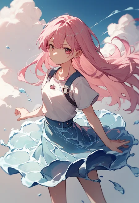 score_9, score_8_up, score_7_up, score_6_up, source_anime, <lora:water_dress_v0.2-pony:1>
1girl, long hair, pink hair, upper body, 
liquid skirt, blue skirt, cloudy sky, cowboy shot, looking at viewer, from above,