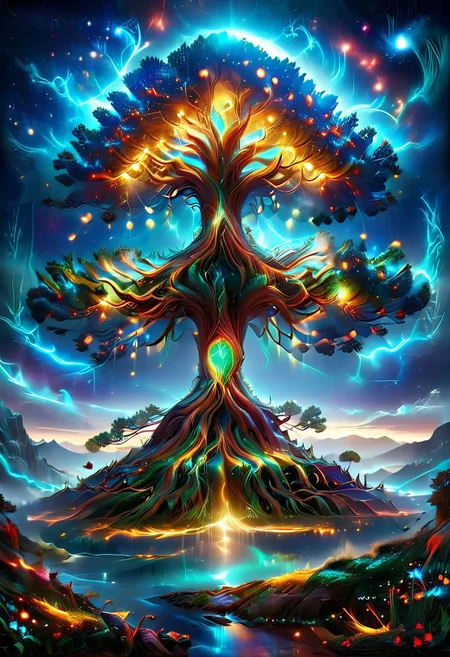 A captivating night scene illustration Yggdrasil tall on a large snowy mountain overlooking a lake. lthndrtrl, Yggdrasil, emits a warm glow, highlighting its incredible magic and grandness. The snowy hill is covered in great pine trees, reflecting on the calm, moonlit snow that mirrors the silvery moonlight. The full moon graces the sky, casting an ethereal glow on the clouds and mountain, while wispy clouds partially obscure its brilliance, adding to the scene's mystique. Twinkling stars dot the sky, creating a celestial tapestry that harmonizes with the moon's radiance. This enchanting artwork captures a serene and peaceful night, where the illuminated Yggdrasil stands resolute amidst the celestial beauty, creating a cinematic experience., illustration, cinematic, lthndrtrl, Yggdrasil
<lora:DonM3t3rn1tyXL-v1.1:0.7>, DonM3t3rn1tyXL,
OverallDetailXL <lora:MJ52:0.3> <lora:SDXLFaeTastic2400:0.4> <lora:EpicF4nta5yXL:0.7>
