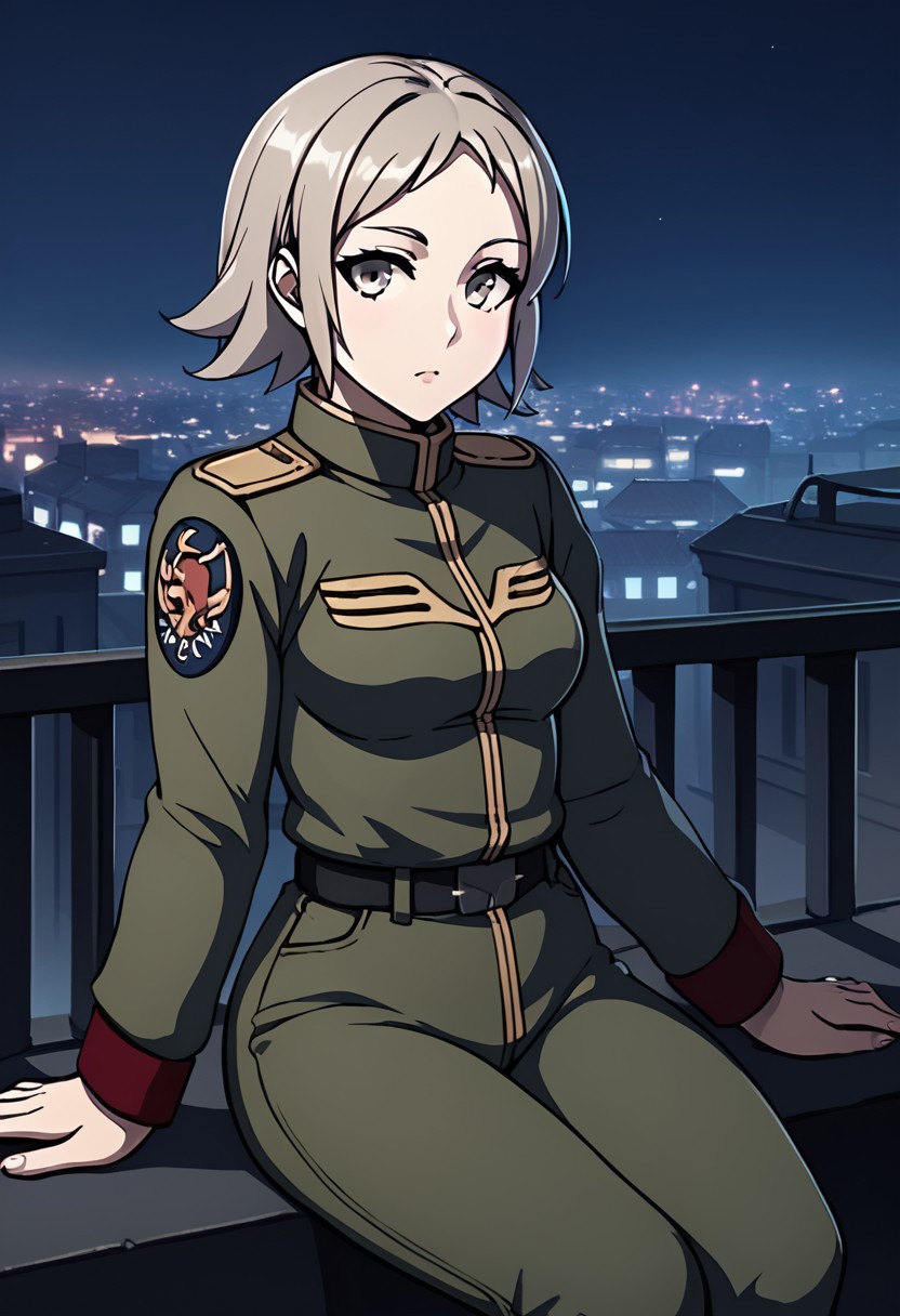 score_9, score_8_up, score_7_up,city view, 1 female,night view, moonlight,anne, female, grey hair, grey eyes, military uniform,pants,sitting