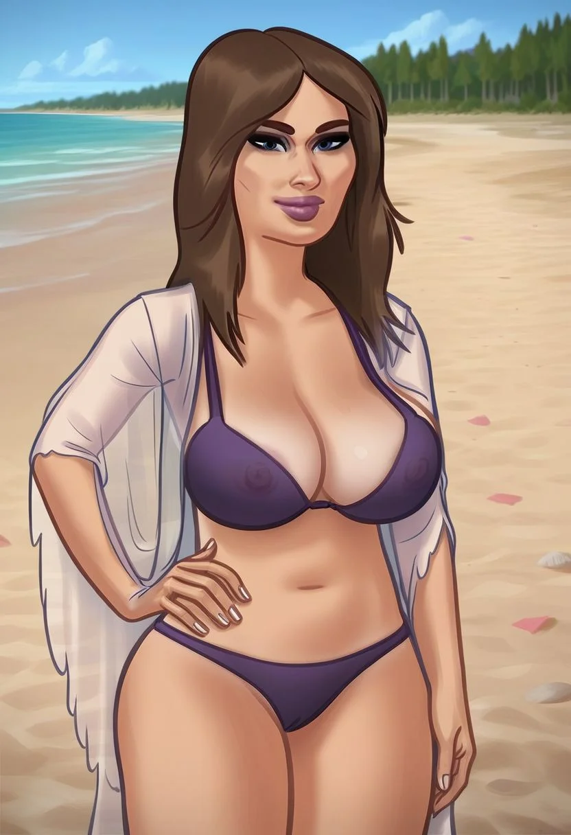 score_9, score_8_up, score_7_up, score_6_up, score_5_up, score_4_up, ((low depth of field)), <lora:SummertimeSagaXL_Pony:0.4>, (Drawn in the style of summertime saga), (beautiful landscape),
BREAK
<lora:stsMelonia-10e:0.7>, stsmelonia on beach, 1girl, mature female, blue eyes, brown hair, purple bikini, translucent shawl, looking at viewer, hand on hip