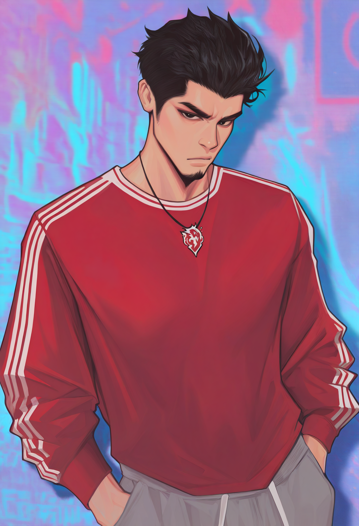1boy, solo, abstract background, looking at viewer, blurry background, male focus, track pants, necklace, multicolored background, hands in pockets, track suit, red shirt, grey pants, 
black eyes, goatee, black hair, short hair, facial hair, 
masterpiece, best quality, <lora:MischiefMakersV1-Illustrious-guy90:1>, sresim, <lora:KazumaKiryu-guy90-Illust-LoraV1:1> Kazryu